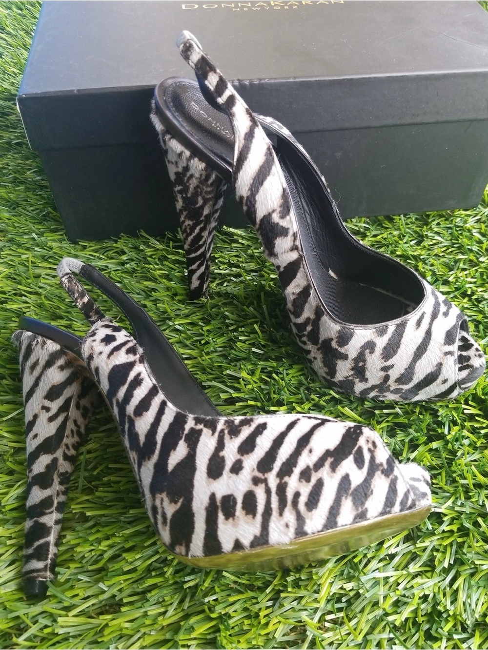 Rare Archival Donna Karan Calf Pony Hair Animal-Print Peep-Toe Heels 37.5